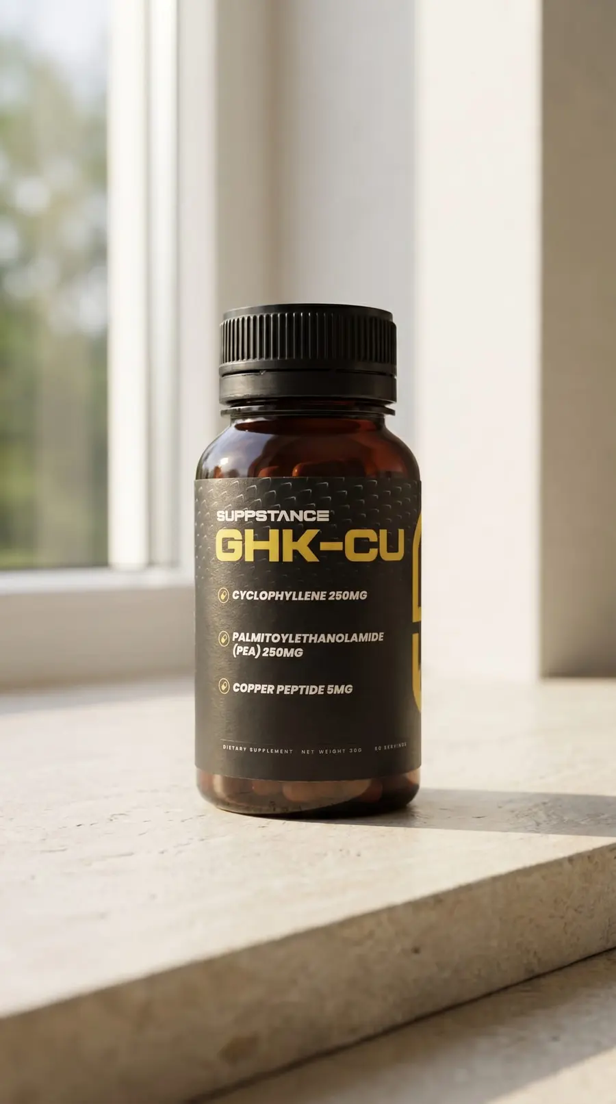A Suppstance GHK-CU bottle: a raw phone photo on grass, and the same product as a finished editorial studio frame on a sunlit sill, label intact
